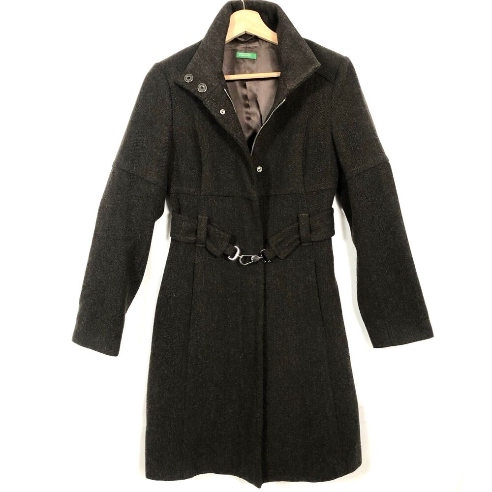 Benetton Italian Wool Blend Brown Herringbone Belted Overcoat Size 40 US 4